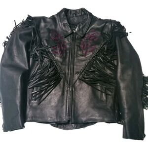 Vintage Unik Black Leather Fringe Biker Jacket Purple Rose Inlay VTG 80s 90s M